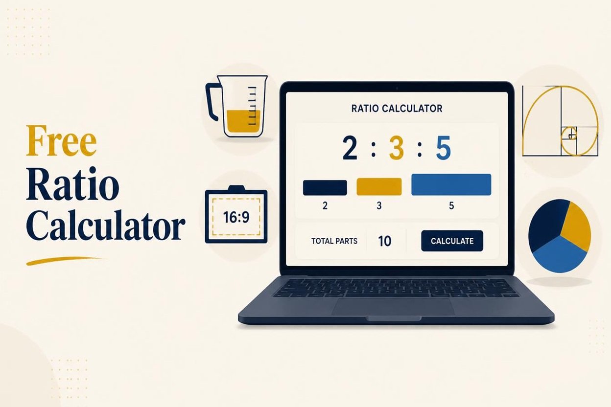 Free online ratio calculator showing simplified ratio 2:3:5 with proportional colour bars